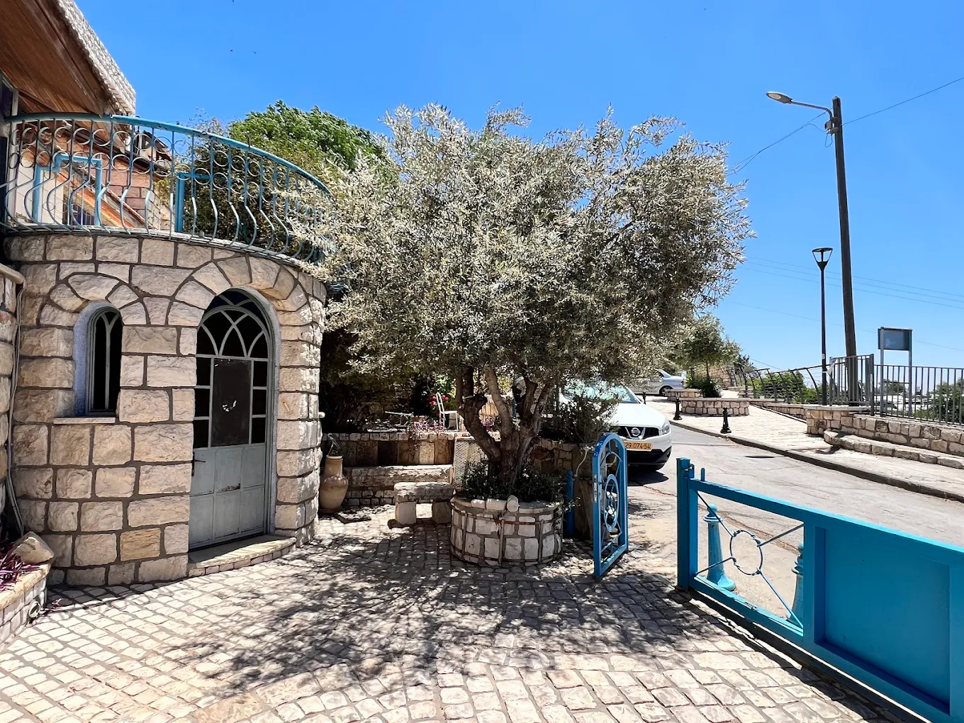 חזית מחלבת המאירי בצפת העתיקה — בניין אבן עם דלת כחולה ועץ זית בחצר, נוף אותנטי של הרובע היהודי